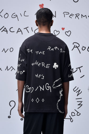 Black Cotton Single Jersey T-Shirt with Hand-Drawn Graphic Text