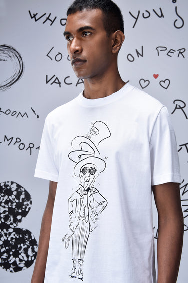 Men white cotton t-shirt with artistic sketch illustration, designer casual wear UAE