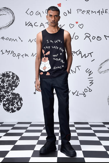 Black Cotton Single Jersey Vest with Bunny Graphic Print