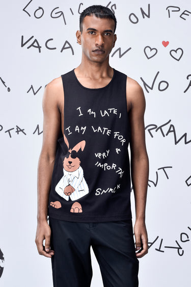 Black Cotton Single Jersey Vest with Bunny Graphic Print