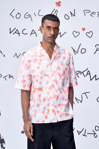 Cuban Collar Heart Relax Fit Shirt- Coral Peach