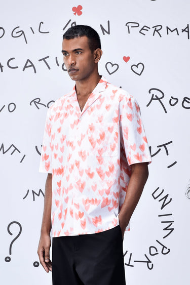 Cuban Collar Heart Relax Fit Shirt- Coral Peach