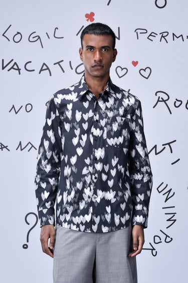 Button Up Heart Regular Fit Shirt- Black