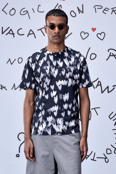 Men black graphic t-shirt with heart motif, designer casual wear UAE