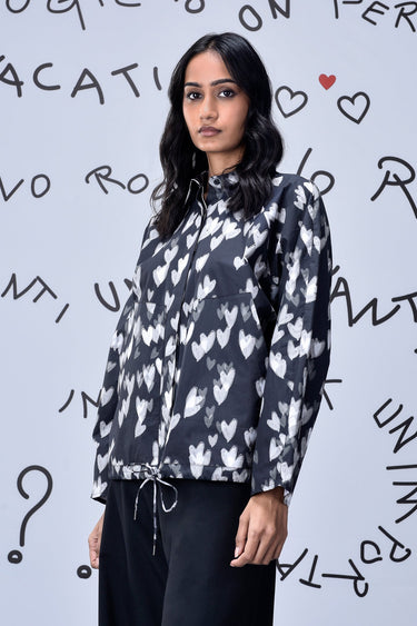 Heart Print Oversized Shirt - Black