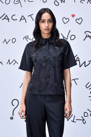 Card Beard Embroidery Regular Fit Top - Black