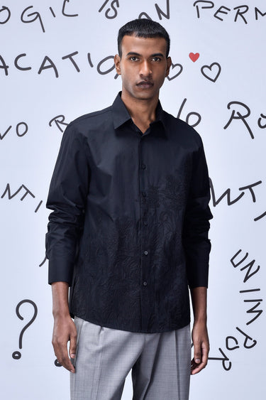 Garden Thread Embroidery Regular Fit Shirt- Black