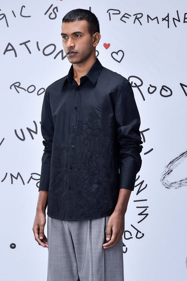 Garden Thread Embroidery Regular Fit Shirt- Black