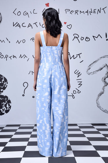 Ikkat Check Relaxed Fit Dungaree- Light Blue