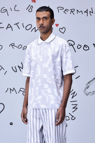 Ikkat Print Polo- Pearl Grey