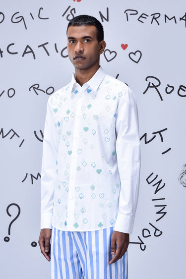 Card Beard Embroidery Regular Fit Shirt - White