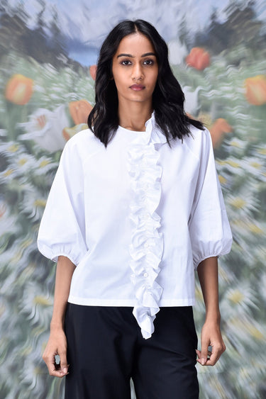 Frill Collar Relax Fit Top- White