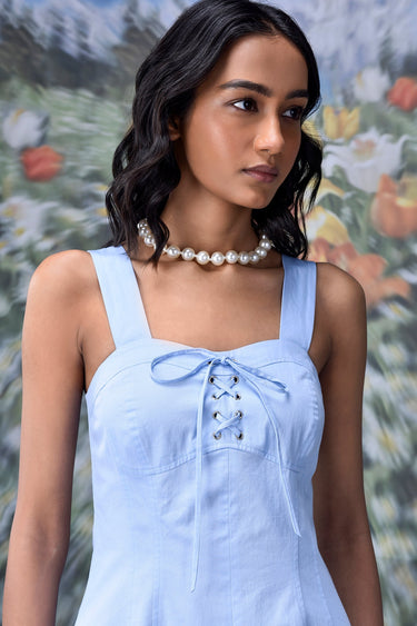 Cotton Lace up Slim fit Dress- Light Blue