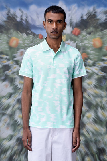 Ikkat Print Polo- Nile Green