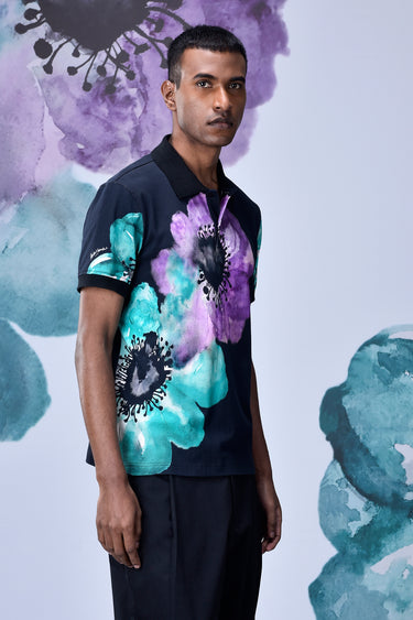 Black-Green Cotton Piqué Polo with Abstract Floral Print