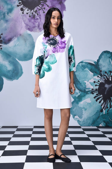 Anemone Flower Regular Fit Dress- White Green