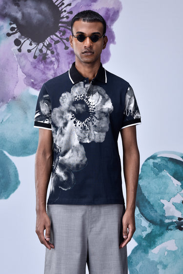 Black-Grey Cotton Piqué Polo with Abstract Floral Print