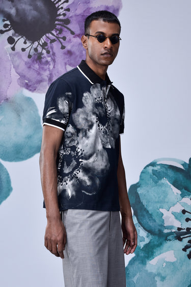 Black-Grey Cotton Piqué Polo with Abstract Floral Print