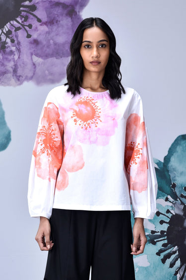 Anemone Flower Regular Fit Top- White Coral