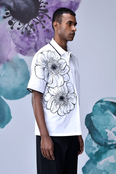 White Giza Cotton Poplin Shirt with Floral Line Art