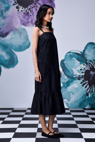 Black Giza Cotton Poplin Strappy Midi Dress