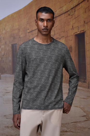 Black Micro-Pattern Cotton Jersey Long-Sleeve T-Shirt
