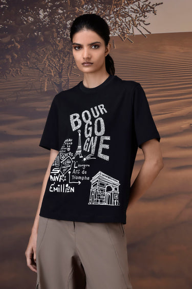 French Sketch Cotton Jersey T-Shirt - Black