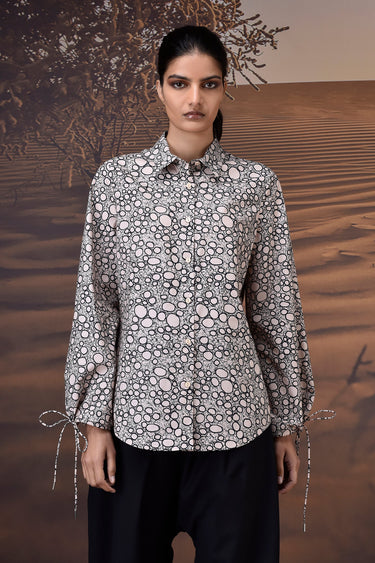 Beige Printed Giza Cotton Shirt with Tie Cuff Sleeves