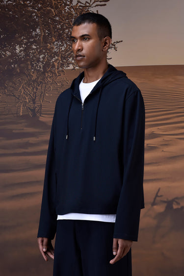 Navy Poly Viscose Lycra Half-Zip Hoodie