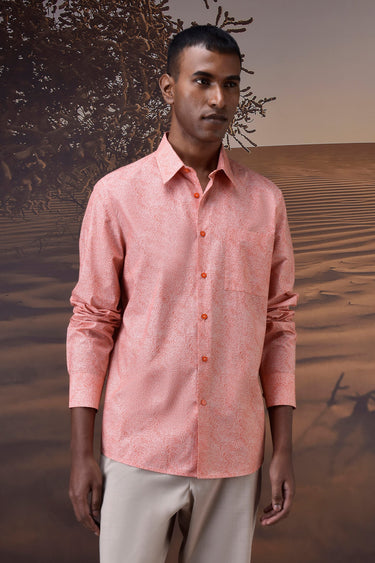 Soft Coral Micro-Dot Giza Cotton Poplin Shirt