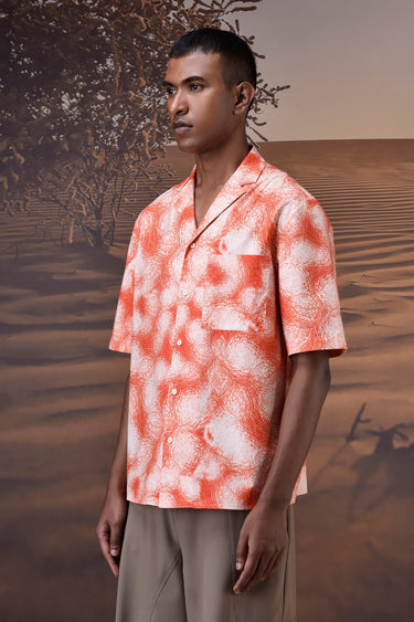 Coquelicot Print Giza Cotton Poplin Camp Collar Shirt