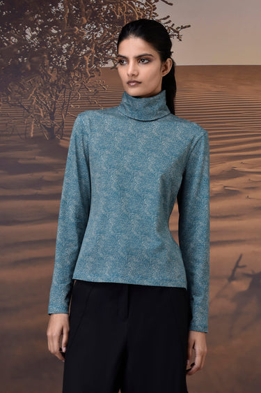 Retro Blue Micro-Dot High Neck Jersey Top