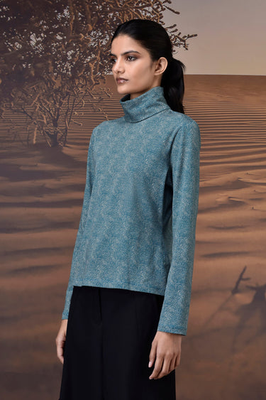 Retro Blue Micro-Dot High Neck Jersey Top