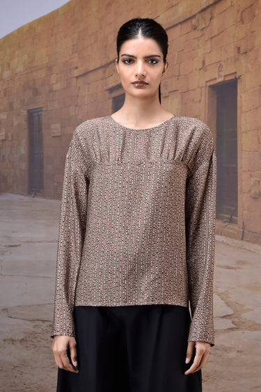 Textured Warm Beige Yoke-Gather Top