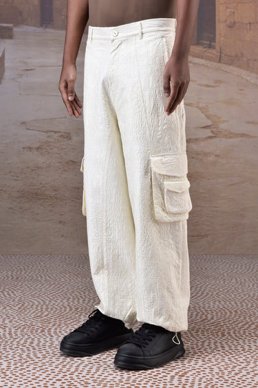 Ecru Quilted Cargo Trousers