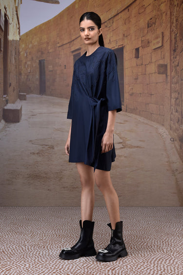 Navy Embroidered Cotton Poplin Tie-Waist Dress