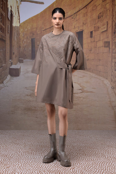 Warm Beige Giza Cotton Poplin Fit-and-Flare Dress