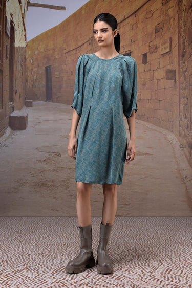 Pleated Retro Blue Satin Dress