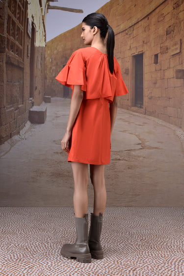 Coquelicot Flounce Sleeve Dress