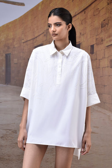Ecru Embroidered Oversized Cotton Poplin Shirt