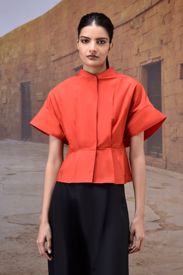 Coquelicot Red Giza Cotton Top with Structured Sleeves