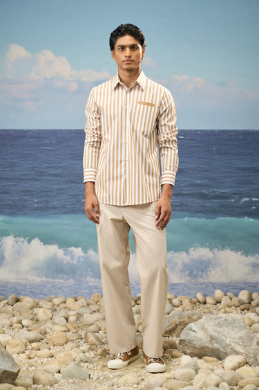 Beige Premium Cotton Bold Stripe Long-Sleeve Shirt