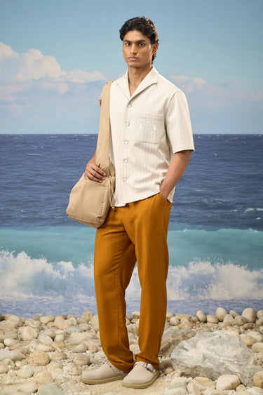 Beige poly viscose lycra shirt for men with printed design