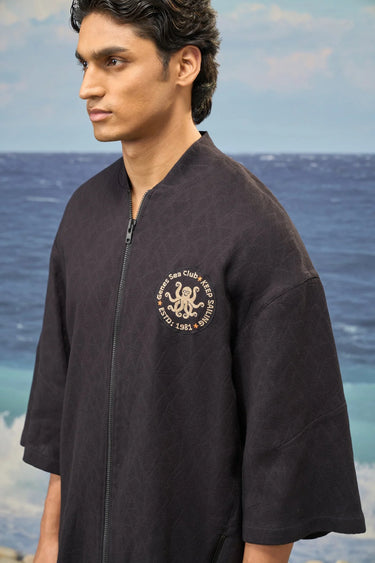 Black Premium Cotton Jacquard Lycra Oversized Bomber