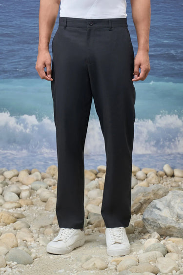 Black poly viscose trousers for men with straight-leg design