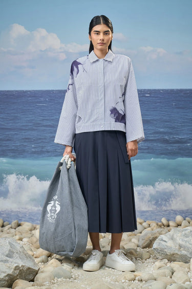 Premium cotton pinstripe boxy jacket for women with tailored design