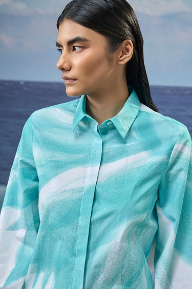 Printed cotton poplin shirt for women showing breathable crisp fabric texture
