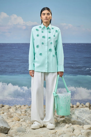 Mint green cotton poplin shirt for women with embroidered detailing