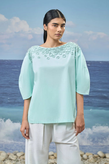 Embroidered Elbow-Sleeve Top in Premium Cotton Poplin β Mint Green