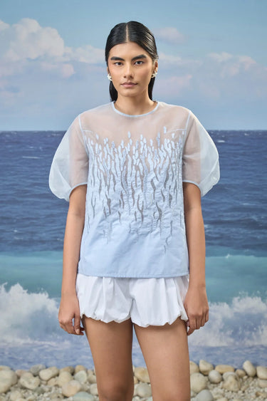 Embroidered Puff-Sleeve Top in Premium Cotton Poplin & Organza β Light Blue
